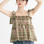 Y2K Hot Women Summer Acubi Japan Vintage Gyaru Tanks & Camis Lace Up Green Crop Top Plaid Strap Sleeveless Tank Tops Clothes - Matrix-studios.com