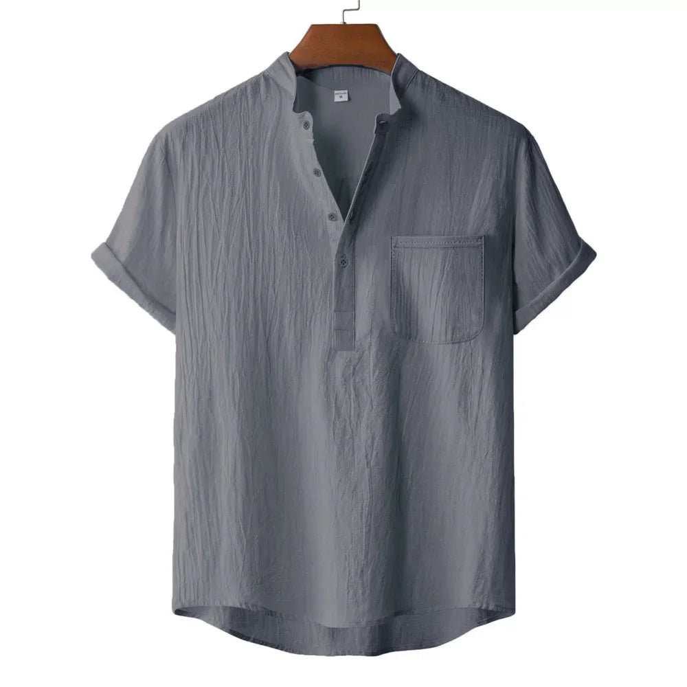 Men's Summer Cotton Linen T-shirt Beach Style Short SLeeve Henley Neck Vacation Hawaii Casual Lightweight Breathable Cozy Tops - Matrix Studios