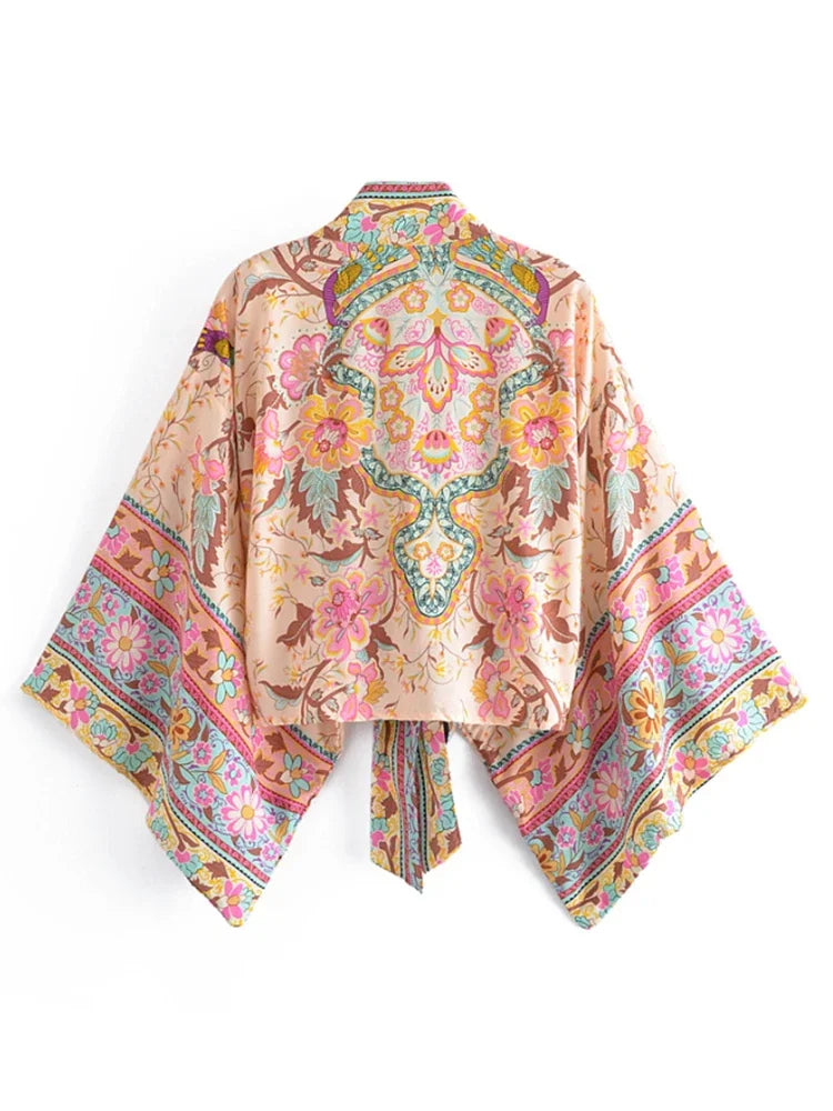 Vintage Peacock Floral Print Short Kimono Women Fashion Rayon Cotton Batwing Sleeves Ladies Beach Robe Bikini Boho Cover-ups - Matrix Studios