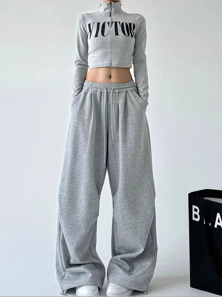 Y2K Harajuku Wide Leg Sweatpants Women Streetwear Baggy Oversize Gray Sports Pants High Waist Drawstring Casual Joggers Trousers - Matrix-studios.com