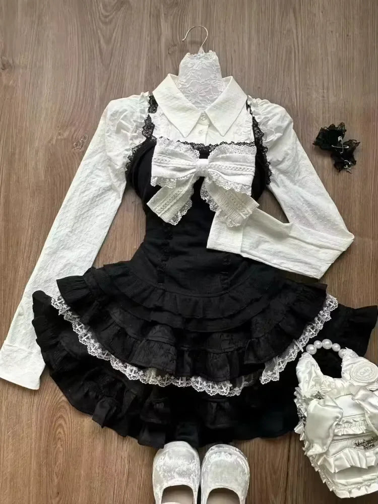 Japanese Sweet Preppy Style 2 Piece Set Women Kawaii Lace Patchwork Bow Tops + Y2k Plaid Mini Skirt Elegant Fashion Outifits New - Matrix-studios.com