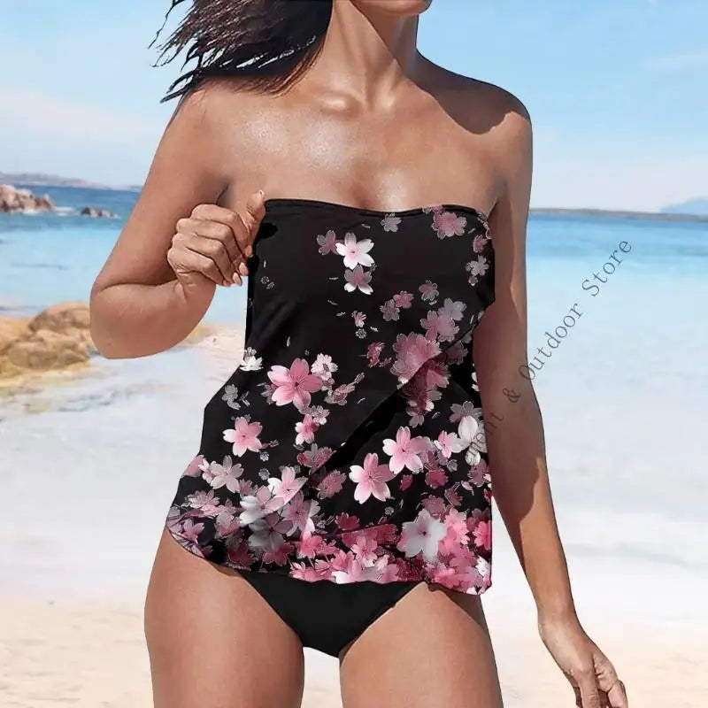 Strapless Tankini Swimsuits for Women 2 Piece Bathing Suits Bandeau Blouson Swim Top with Bottom - Matrix-studios.com