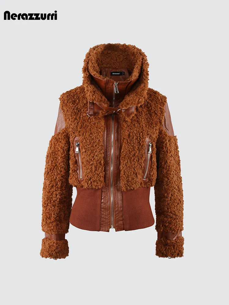 Nerazzurri Autumn Winter Chic Warm Pu Leather Patchwork Faux Fur Coat Women Zip Up Luxury Designer Clothes Fuzzy Fluffy Jacket - Matrix Studios