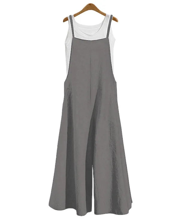 Women Straps Jumpsuit Summer Solid Color Wide Leg Pants Dungaree Bib Overalls Casual Loose Sleeveless Cotton Linen Jumpsuits 5Xl - Matrix Studios