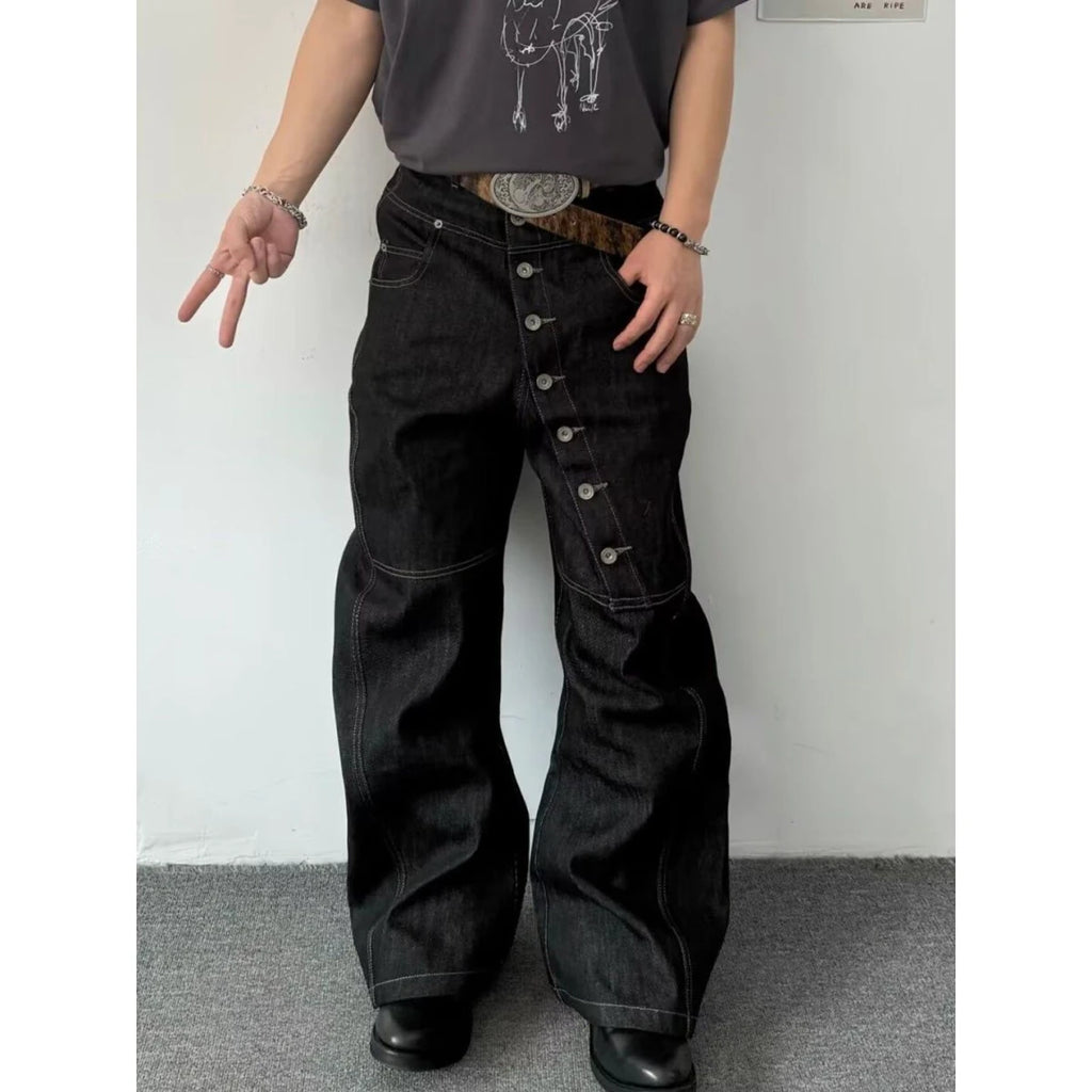 American Retro Long Row Button Design Men's Jeans High Street Loose Wide Leg Floor-Length Trousers Trendy Casual Jeans - Matrix Studios