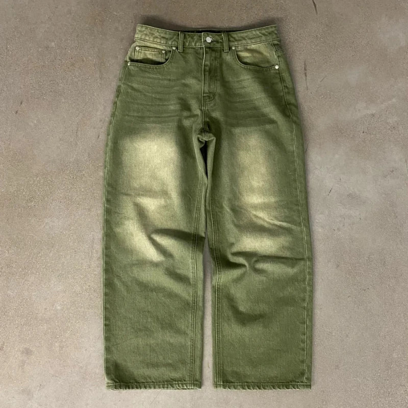 Y2K Street Matcha Denim Jeans Pocket Green 6 Ball Embroidery Denim Pants London High Street Trend Streetwear Unisex Baggy Jeans - Matrix Studios