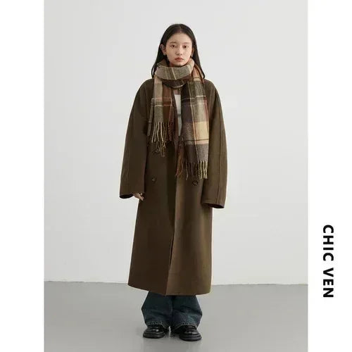CHIC VEN Women Long Double-sided Woolen Coats Retro Loose Female Overcoat Double Breasted Ladies Windbreak Autumn Winter 2026 - Matrix-studios.com