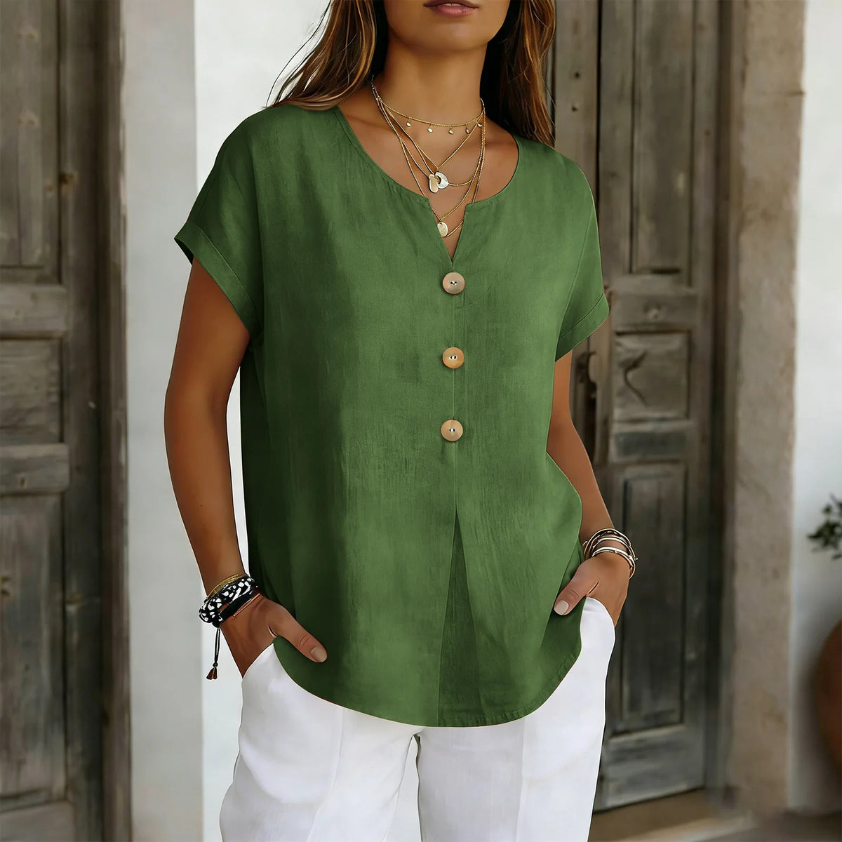 2026 Summer Basic Blouses Women's Shirts Solid Color Casual Short-Sleeve Cotton Linen Fashion Plus Size V-Neck Loose Button Tops - Matrix-studios.com