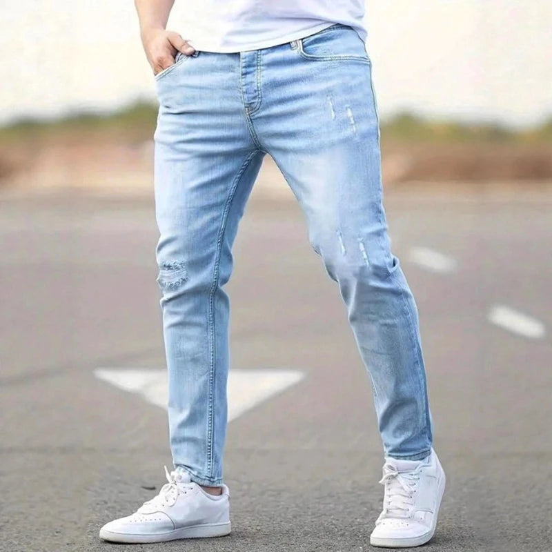 Men's American Retro Hole-Punched Stretch Slim Fit Jeans Zipper Casual Streetwear Denim Pants Classic Black Blue Skinny Trousers - Matrix Studios