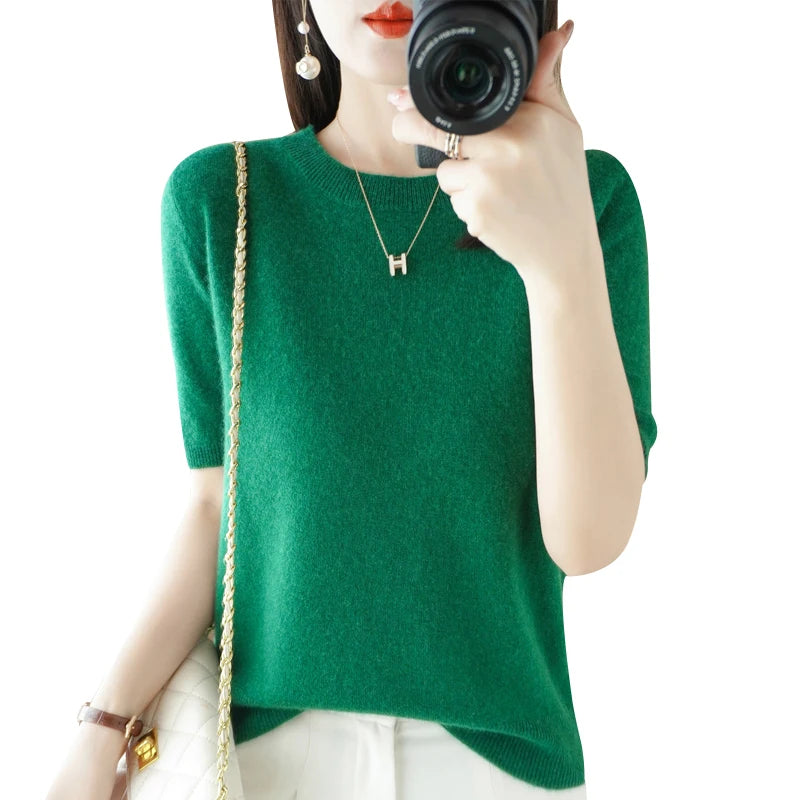 New Short-sleeved Knitwear Women O-neck T-shirt Wool Cotton Blend Pullover Vest Sprig Summer Bottoming Tops Sweater Solid Soft - Matrix Studios