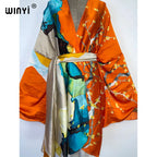 2022 WINYI Summer Beach Wear Swim Suit Cover Kaftan Sweet Lady Boho Cardigan Stitch Self Belted Sexy Holiday Long Sleeve Kimono - Matrix Studios