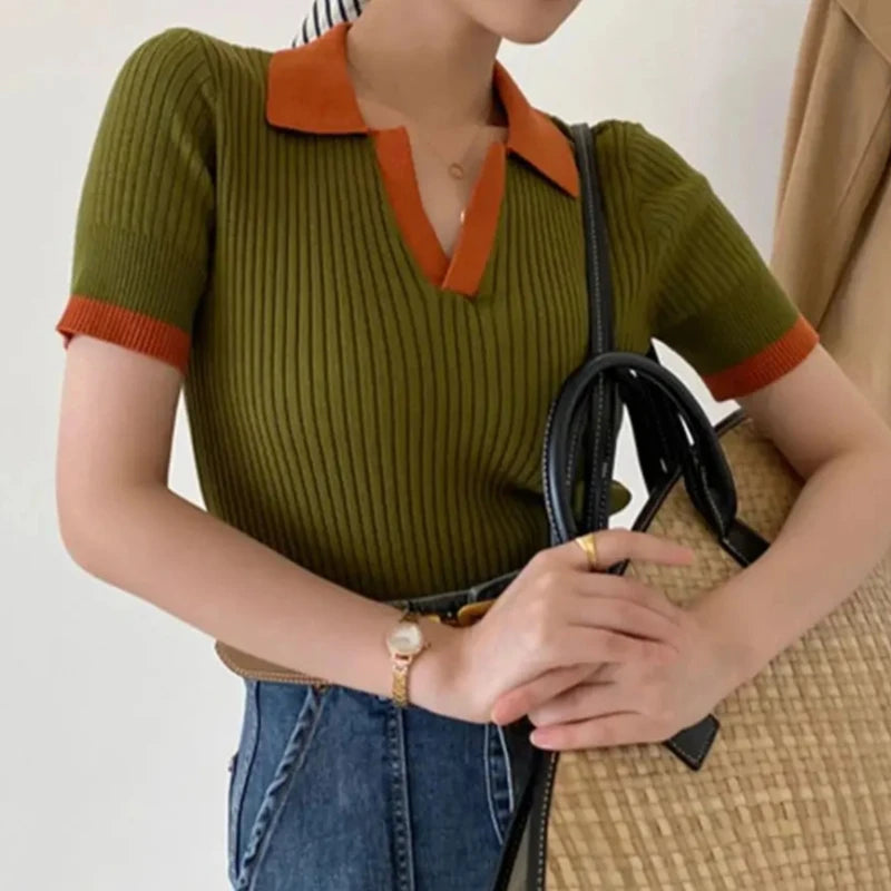 Short Sleeve Polo Neck Knitted Tops Women Lightweight Knitted Sweater Polo Shirts Elegant Office Lady Casual Chic Outfit - Matrix-studios.com
