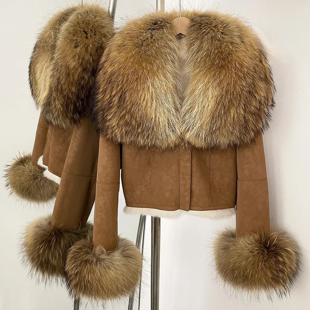 Hot Selling High-quality Big Raccoon Fur Collar Or Fox Fur Collar Winter New Suede Jacket Women Short Fashionable Slim Coat - Matrix Studios
