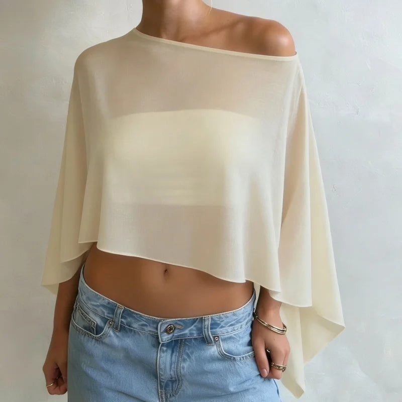 Women Sheer Mesh Poncho Top One Shoulder See Through Cape Blouse Asymmetrical Cover Up Beach Party Shrug Top - Matrix Studios