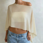 Women Sheer Mesh Poncho Top One Shoulder See Through Cape Blouse Asymmetrical Cover Up Beach Party Shrug Top - Matrix Studios