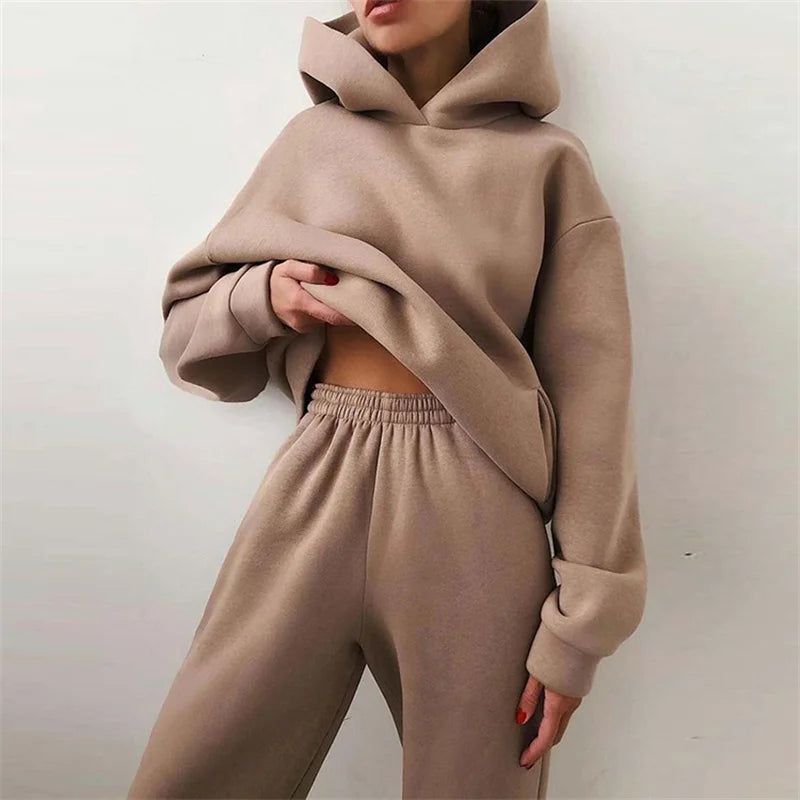 Women's Tracksuit Suit Autumn Fashion Warm Hoodie Sweatshirts Two Pieces Oversized Solid Casual Hoody Pullovers Long Pant Sets - Matrix-studios.com