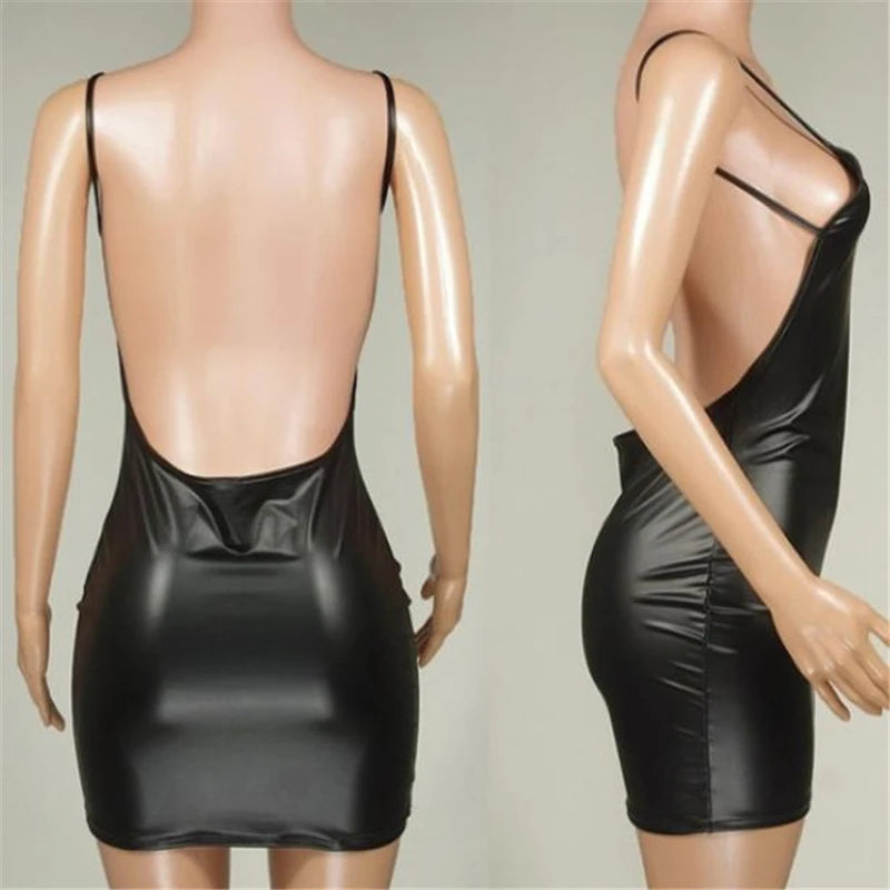 Sexy Faux Leather Dress Backless Club Party Short Dress Solid Black Wet Look Latex Bodycon Push Up Bra Mini Micro Dress - Matrix-studios.com