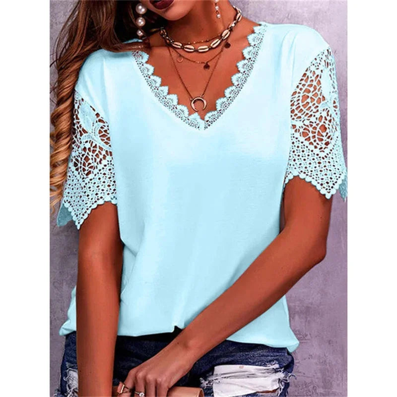 Spring Summer Women Shirts Elegant Hollow Out Lace Short Sleeve V-neck  Casual Chic Oversized Blouses Solid Color Streetwear Top - Matrix-studios.com