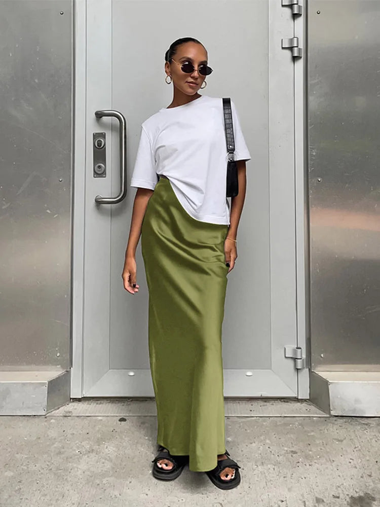 Elegant Satin Black Trumpet Skirts Fashion Slim High Waist Skirts Women Female Solid Office Long Skirt Spring Summer - Matrix-studios.com