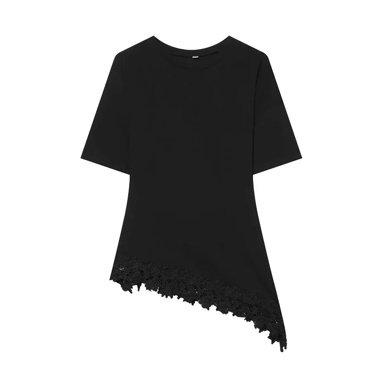 MUJER Asymmetric Lace T Shirts Woman Short Sleeve Polo Women T-shirts Summer Casual Tops for Women Holiday Funny Women's T-shirt - Matrix-studios.com