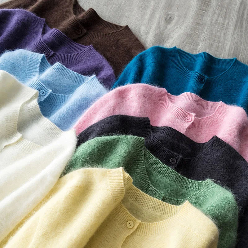 Brushed Wool Cashmere Warm Cardigan Women, O-Neck Seamless Soft Sweater - Matrix Studios