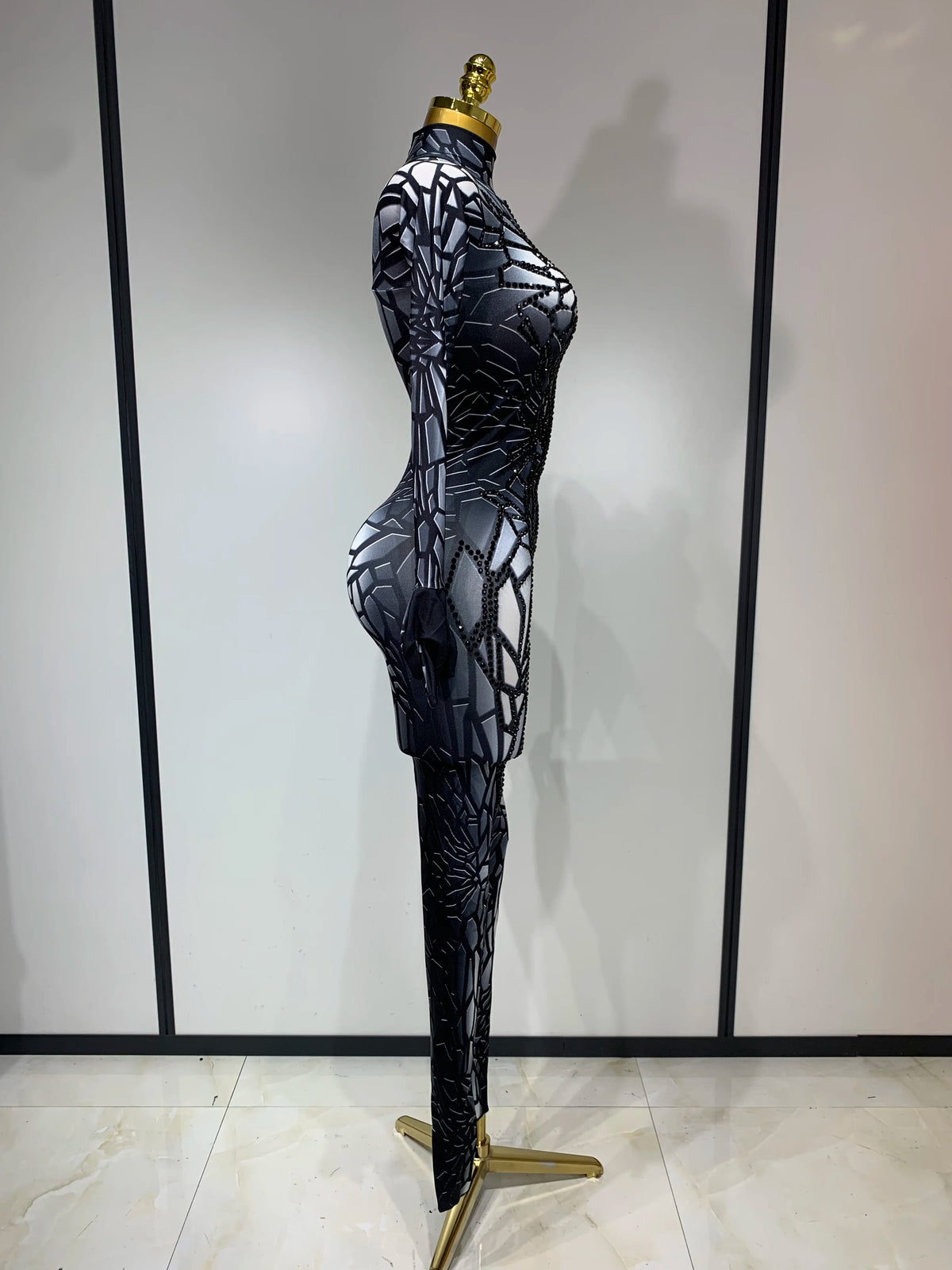Women Sexy Black Rhinestone Stretch Bodycon Jumpsuit Club Evening Party Birthday Wear Singer Dancer Stage Perform Costume - Matrix Studios