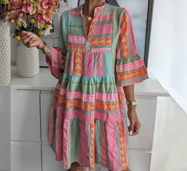 Printed V-neck seven quarter sleeve dress - Matrix-studios.com