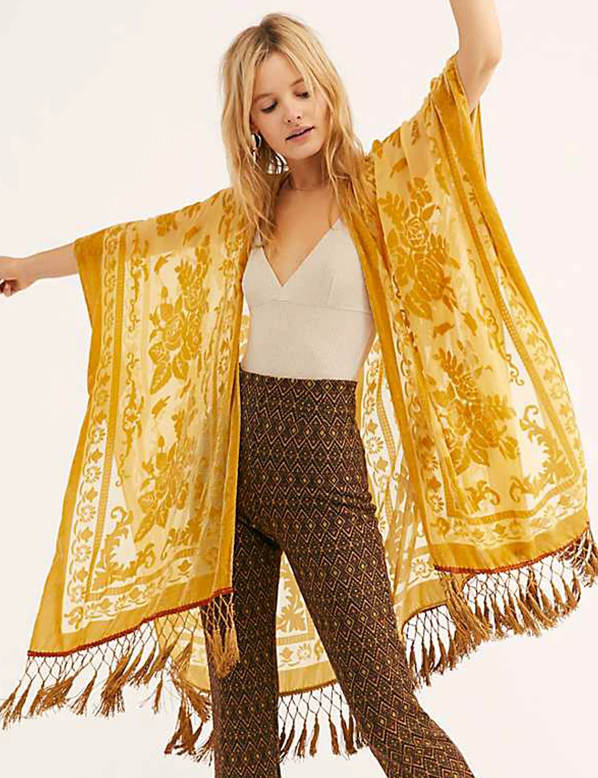 WeHello Burnout Velvet Kimono For Women Luxury Fashion Long Cardigan With Tassel Beach Cover-up Holiday Cardigan Shawl - Matrix Studios