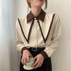 MEXZT Vintage Chiffon Shirts Women Elegant Patchwork Long Sleeve Blouses Office Lady Korean Black Turn Down Collar Casual Tops - Matrix-studios.com