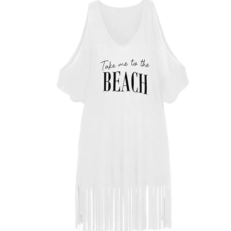 Summer Beach Bikini Cover Up Women White Off Shoulder Kafan Sarong Loose Tops Casual Fringed Shirt Swimwear Beachwear - Matrix Studios