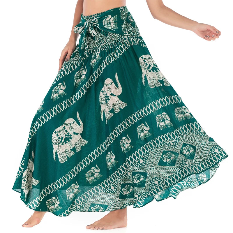 Boho Skirts Women Rayon Beach Long Dress Summer Bohemian Jupe Longue Femme Elastic Waist Print Floral Bandage Halter Hippie - Matrix Studios