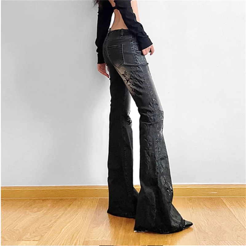 Women Gothic Y2k Flare Jeans Harajuku Baggy Denim Trousers 90s Aesthetic Low Waist Jean Pants Vintage 2000s Trashy Clothes 2024 - Matrix-studios.com