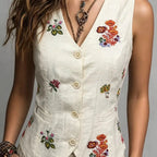 Spring Summer Autumn Linen Gilet with Unique Random Embroidery, Elegant Versatile Commuter Outer‑wear Vest - Matrix Studios