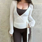 Women Cross Wrap Tie Crop Tops Yoga Shirts Long Sleeve Deep V Neck Solid Color Slim Fit Shirts Ladies Yoga Workout Blouses Tees - Matrix-studios.com