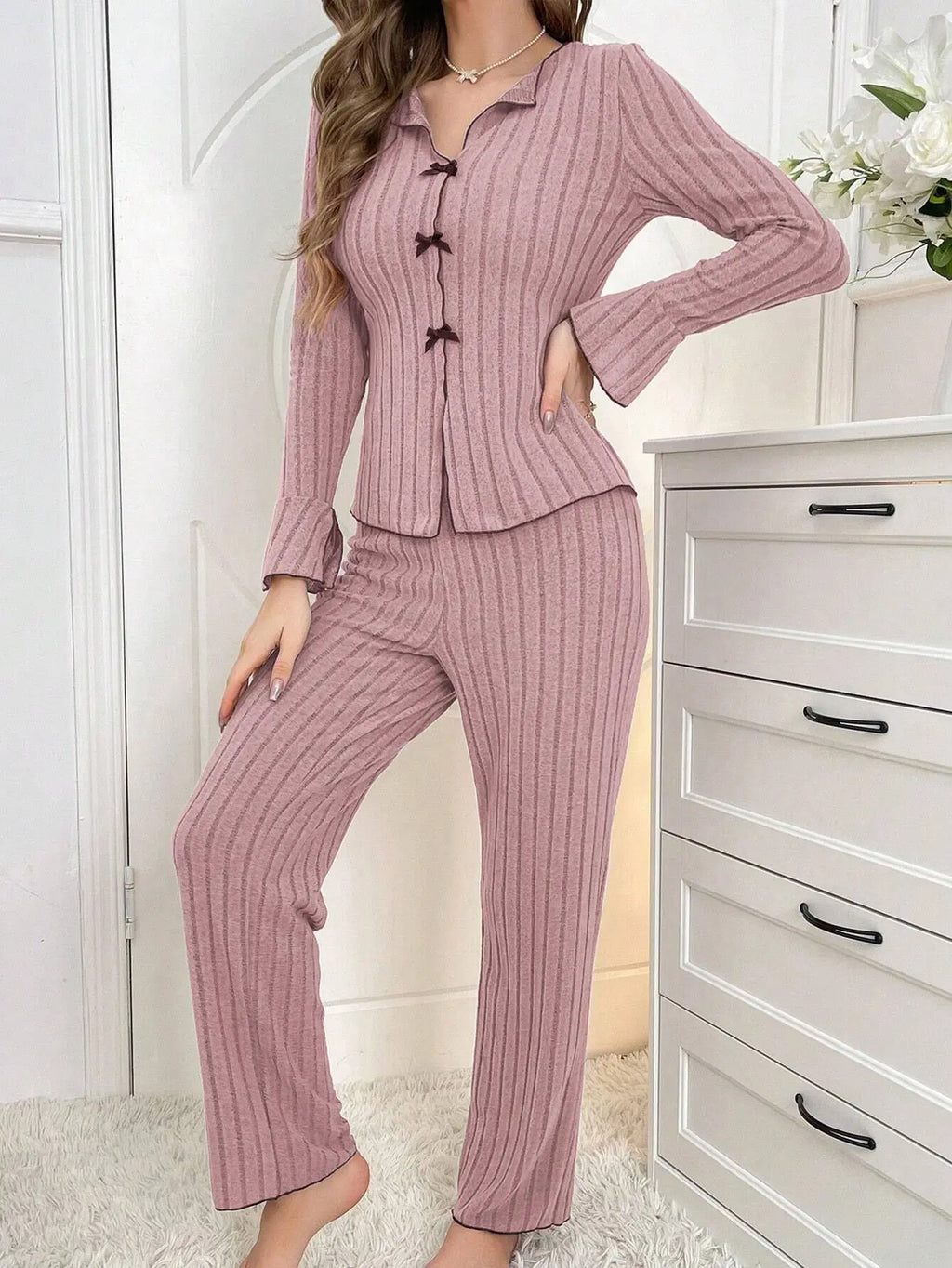 2-Piece Women's Autumn and Winter Pure Color Elegant Bow Women's Simple Long-Sleeved Pants Pajama Set Leisure home clothing - Matrix-studios.com