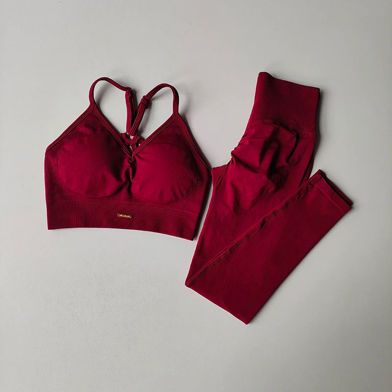 Seamless Hip Lifting Fitness Set Women's V-neck Bra Leggings Yoga Set Quick Drying Exercise Iron Massage High Fat Tight Pants - Matrix-studios.com