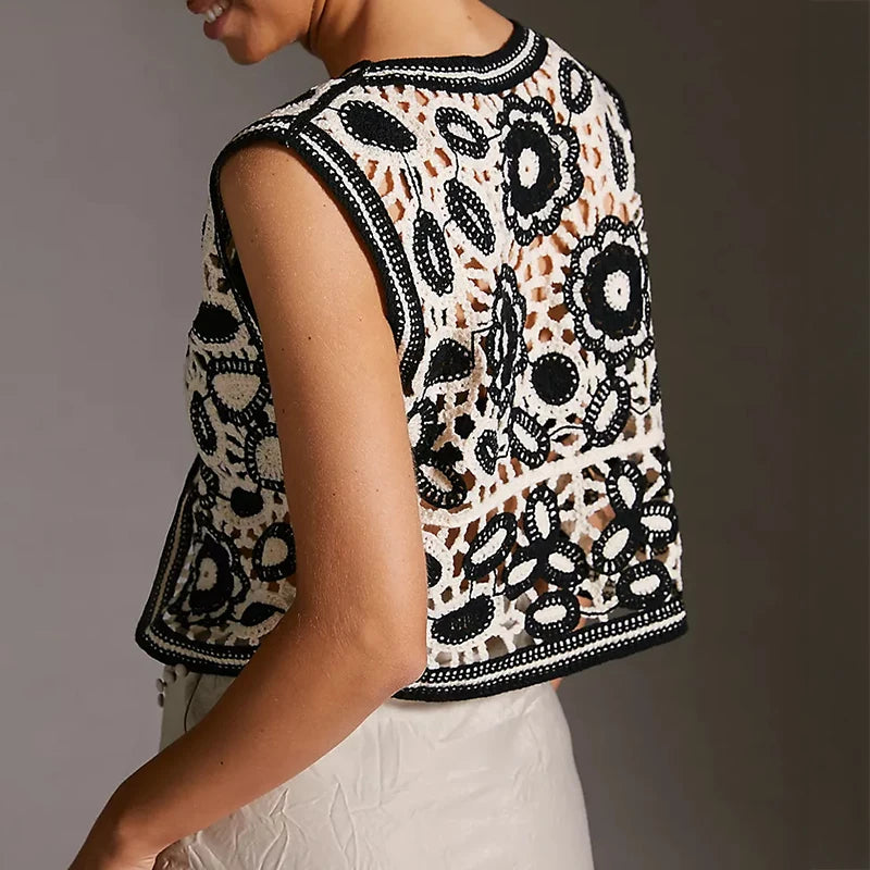 Women Floral Embroidered Crochet Vest Top Summer Beach Cover Up Cardigan Waistcoat Boho Chic Vacation Outfit - Matrix Studios