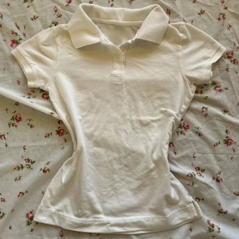 HOUZHOU Vintage White T-Shirts Women Casual Polo Collar Solid Short Sleeve Tees American Retro Summer Basic T-Shirts Slim Up - Matrix-studios.com