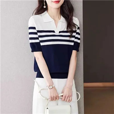 Women's POLO Collar T-Shirt Summer New 100% Cotton Knitted Short-Sleeved Casual Striped Shirt Women's Lapel Pullover Loose Top