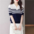 Women's POLO Collar T-Shirt Summer New 100% Cotton Knitted Short-Sleeved Casual Striped Shirt Women's Lapel Pullover Loose Top