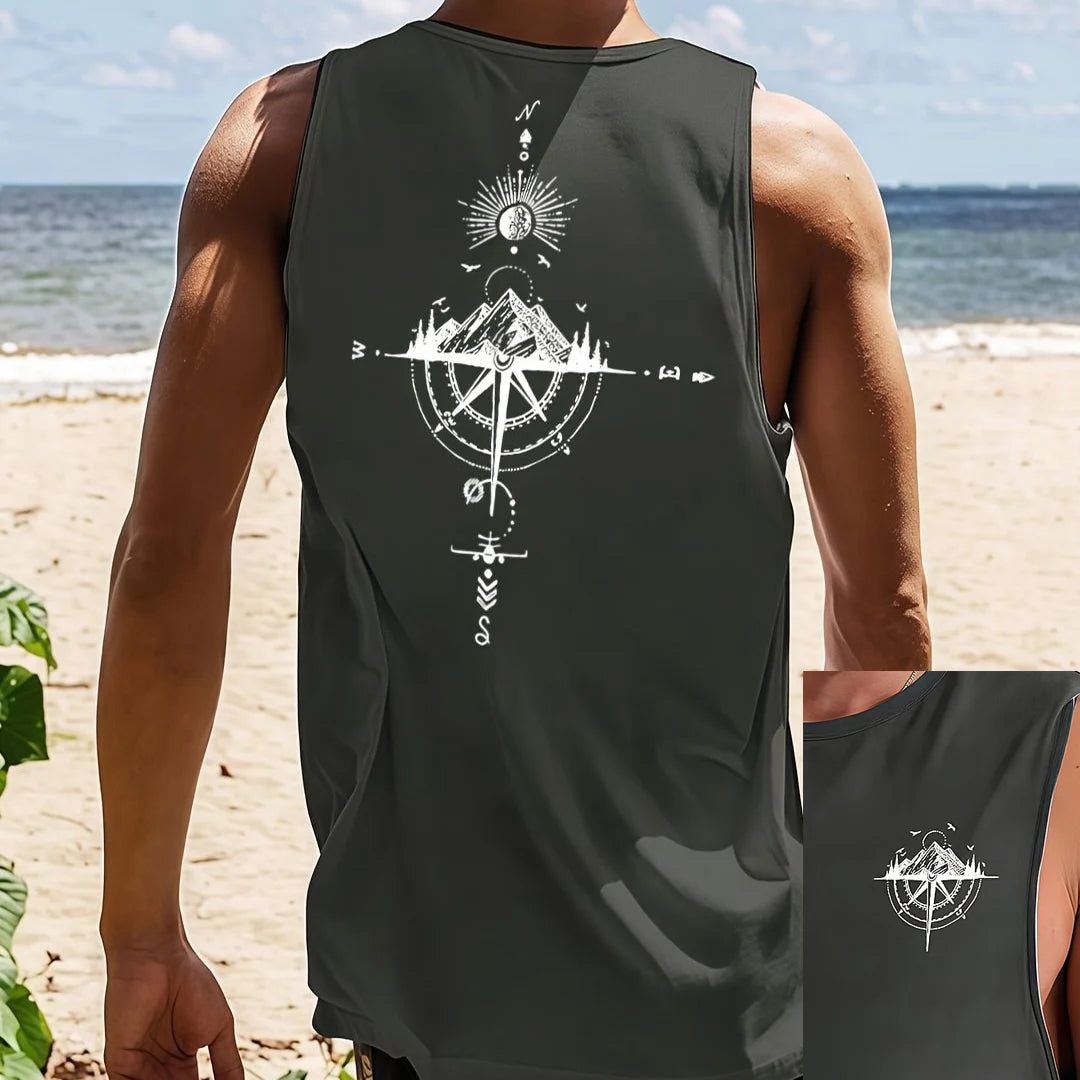 Men's Fashionable Casual Sports Loose Compass and Mountain Pattern Print Comfortable and Breathable Round Neck Sleeveless Vest - Matrix Studios