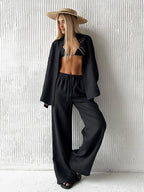Bornladies Cotton Casual Pants Sets Women's Solid Color Cozy Lapel Long Sleeve Shirt Summer Outfit Elastic Waist Pants Suits - Matrix-studios.com