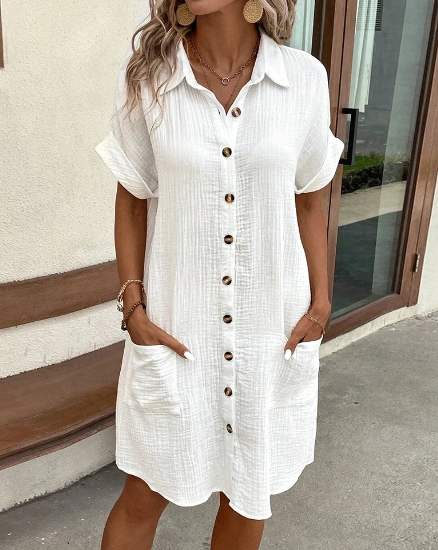 Vintage Women Solid Mini Dress Summer Fashion V-neck Three Quater Sleeve Cotton Linen Dress Ladies Casual Holiday Vestidos - Matrix-studios.com