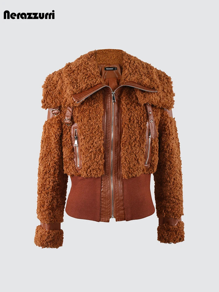 Nerazzurri Autumn Winter Chic Warm Pu Leather Patchwork Faux Fur Coat Women Zip Up Luxury Designer Clothes Fuzzy Fluffy Jacket - Matrix Studios