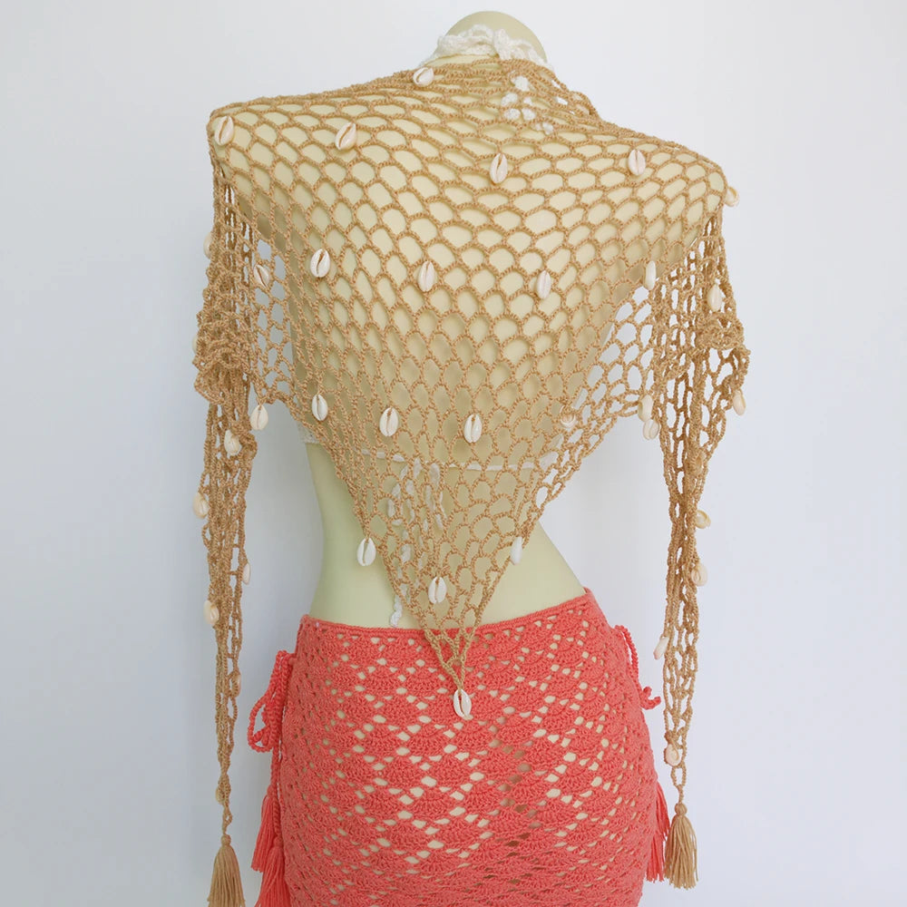 Women Triangle Shawl With Seashell Sexy Bikini Cover Up Sunscreen Nets Skirt Mesh Tunic Pareo Beachwear - Matrix Studios