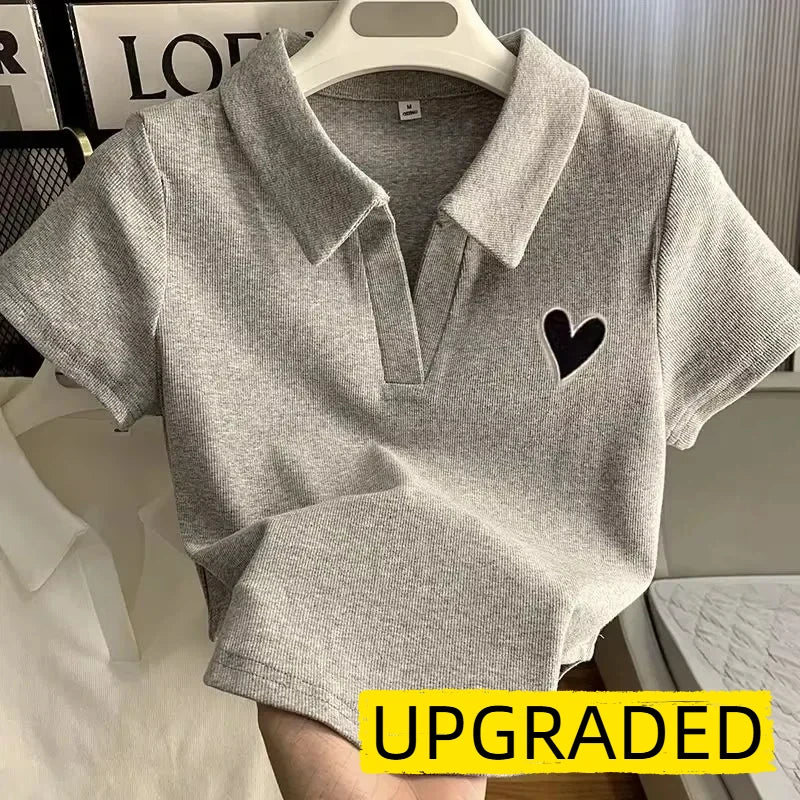 Loves Embroidery T-shirt Polo Collar Orthoshoulder Slim Hotsweet Women's Crop Top Korean Fashion Hottie Simple Casual Wholesale - Matrix-studios.com