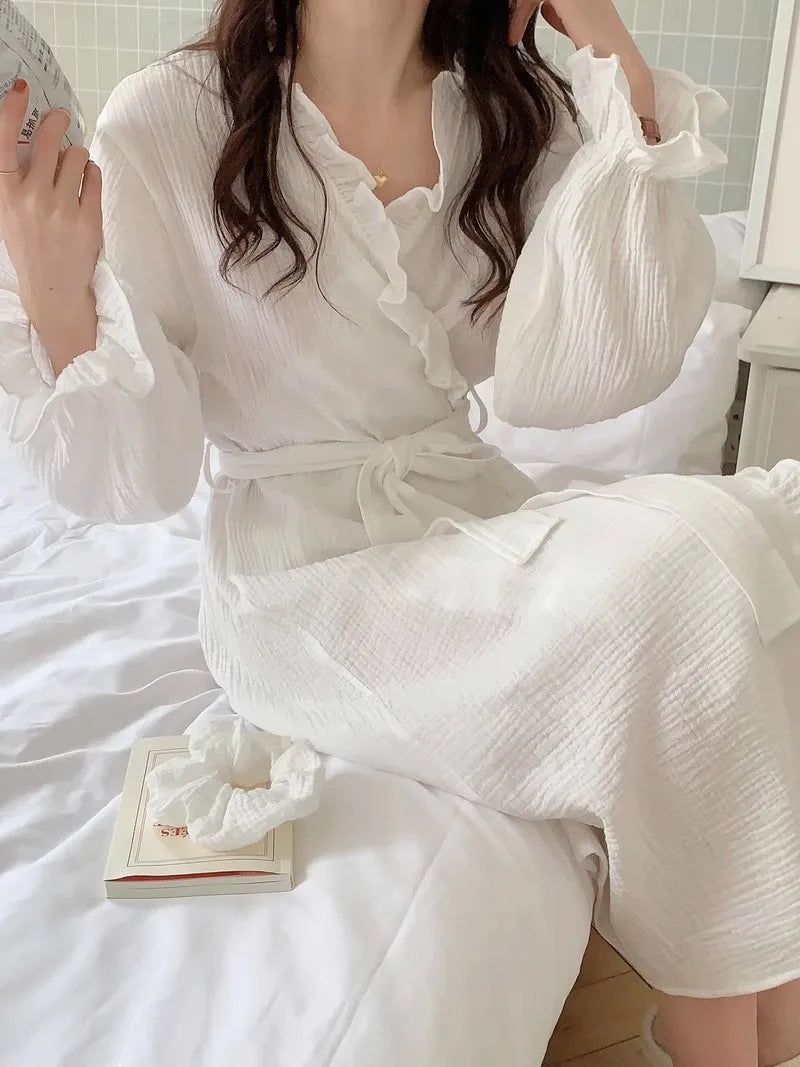 Women's Spring and Summer New Simple Long-Sleeved Robe Girls Sweet Ins Wind Ruffled Thin Section of Solid Color Pajamas Home Wea - Matrix-studios.com