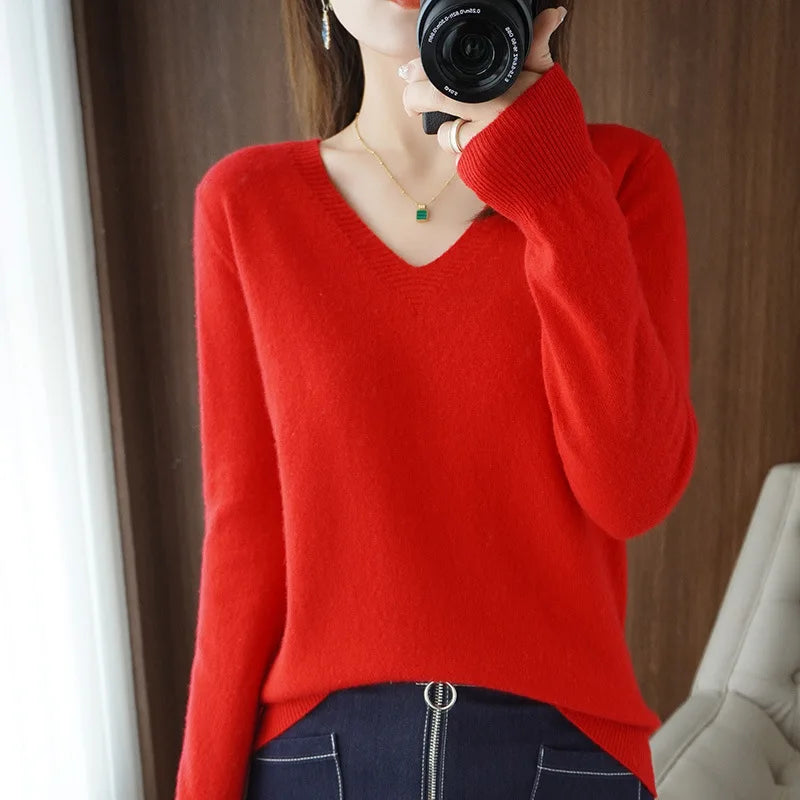 New Cashmere Women's V-neck Pullover Lace Neck Hollow Out Design Casual Knitted Long Sleeve Women's Sweater Autumn And Winter - Matrix-studios.com