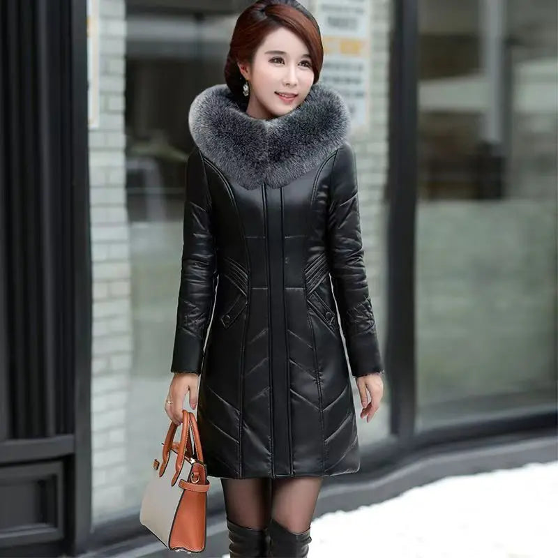 L-8XL Women Leather Coat Winter 2026 Fashion Mother Jacket Thicken Warm Outerwear Fur Collar Hooded Sheepskin Overcoat Female - Matrix Studios