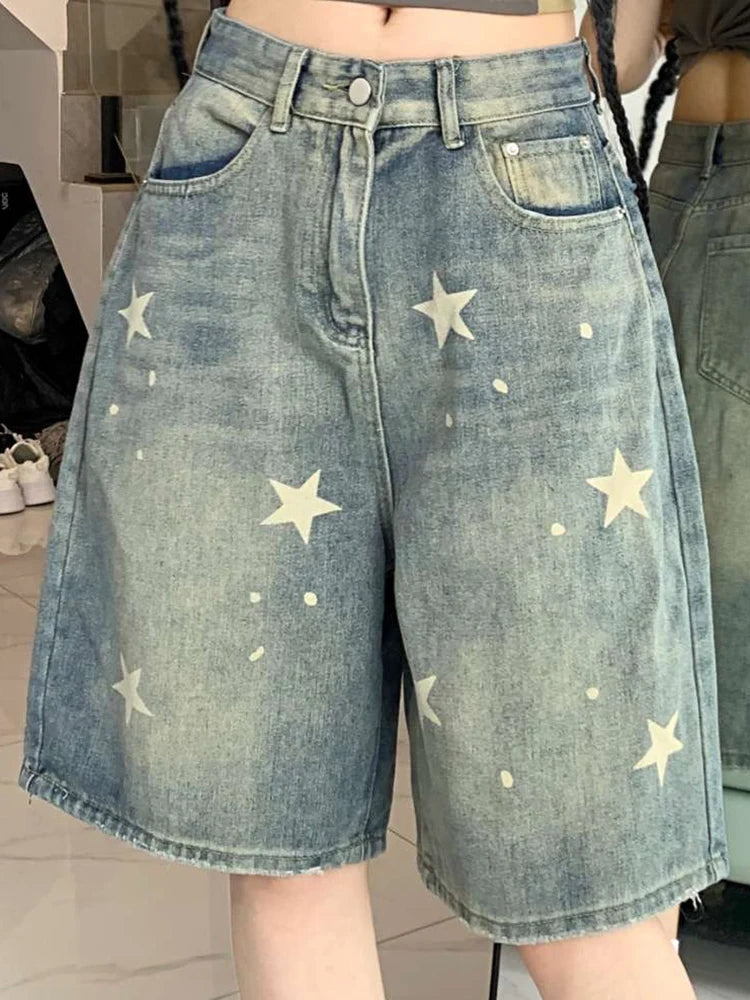 Women High Waist American Retro Washed Wide Leg Jeans Girls Street Do Old Star Loose Denim Pants Female Blue Knee Length Shorts - Matrix-studios.com